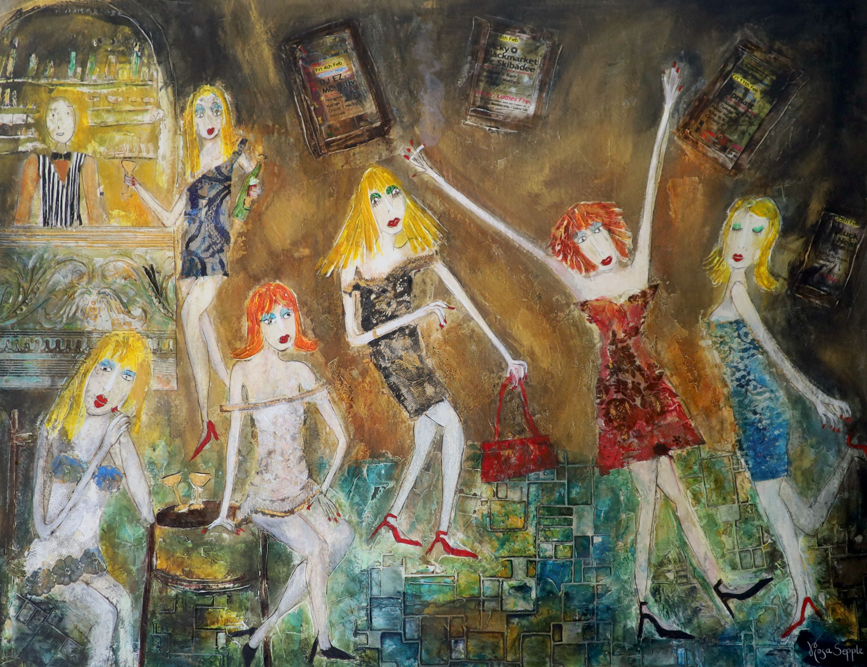 Rosa Sepple RI, (Contemporary British), 'Ladies Go Free', mixed media, 55 x 74cm
